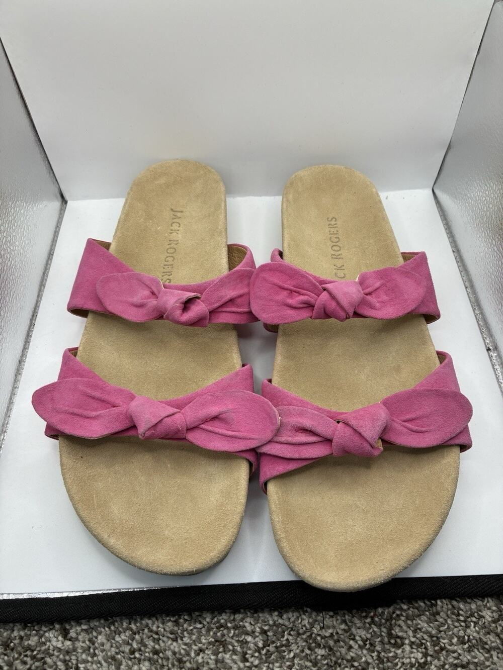 Jack Rogers 11M Hot Pink Suede Double Bow Slide Sandals Coquette Made In Brazil